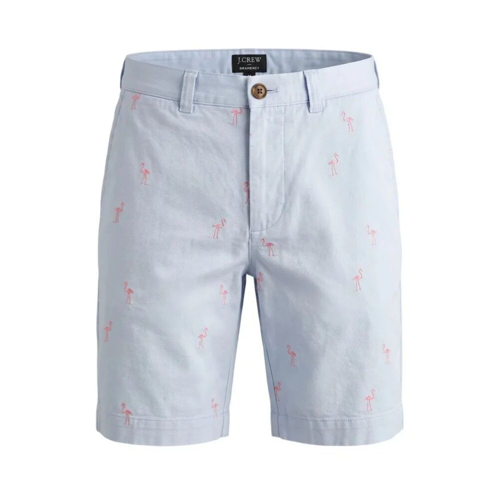 J.Crew Gramercy Chino Shorts Light Blue Flamingo Print Vacation Preppy Novelty